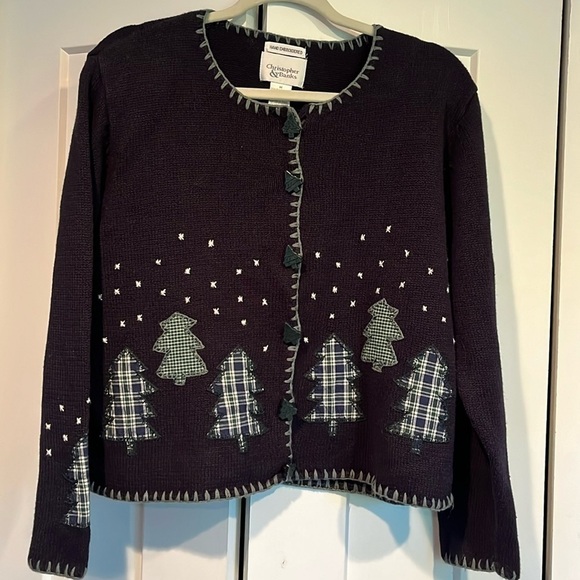 Christopher & Banks Sweaters - Christopher & Banks Hand Embroidered vintage christmas tree cardigan sweater M 🌲